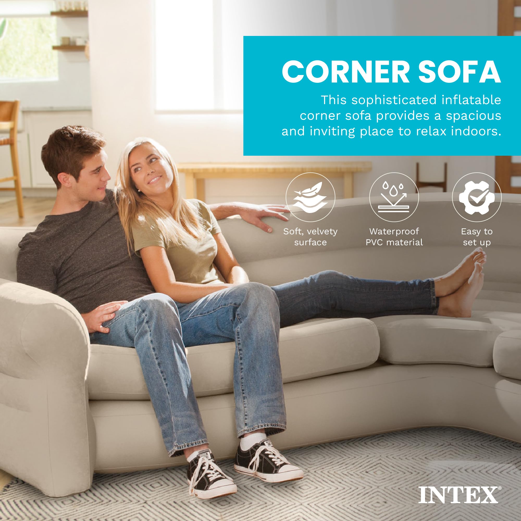 Intex inflatable corner sofa queen-bed conversion supports overnight guests comfortably