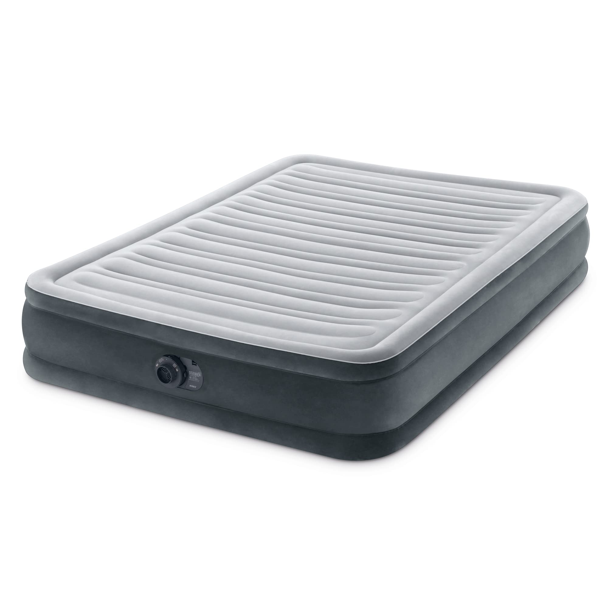 Intex mid-rise air mattress bed with built-in pump offers comfortable full-size sleep for guests.