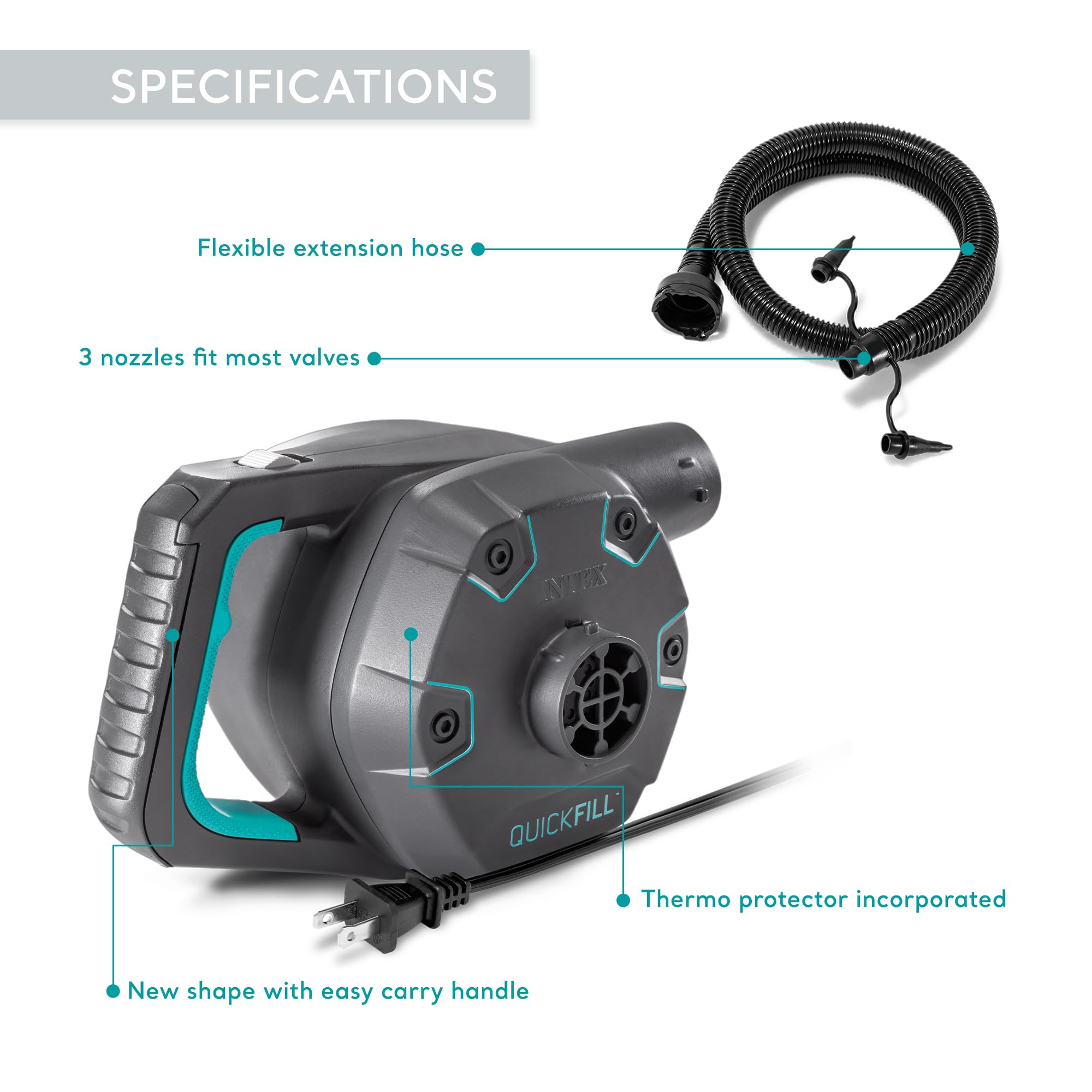 Intex Quick Fill pump side with extended hose reaching distant valves.