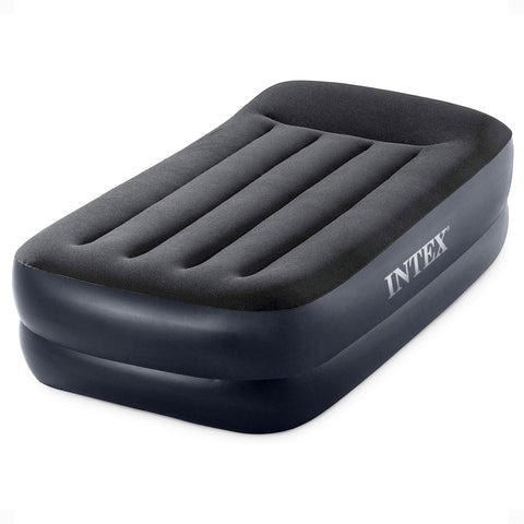 Intex raised airbed with built-in pump offers quick setup for guests.