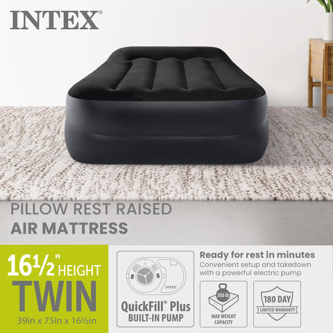 Intex raised airbed with Dura-Beam Plus pillow supports comfort.