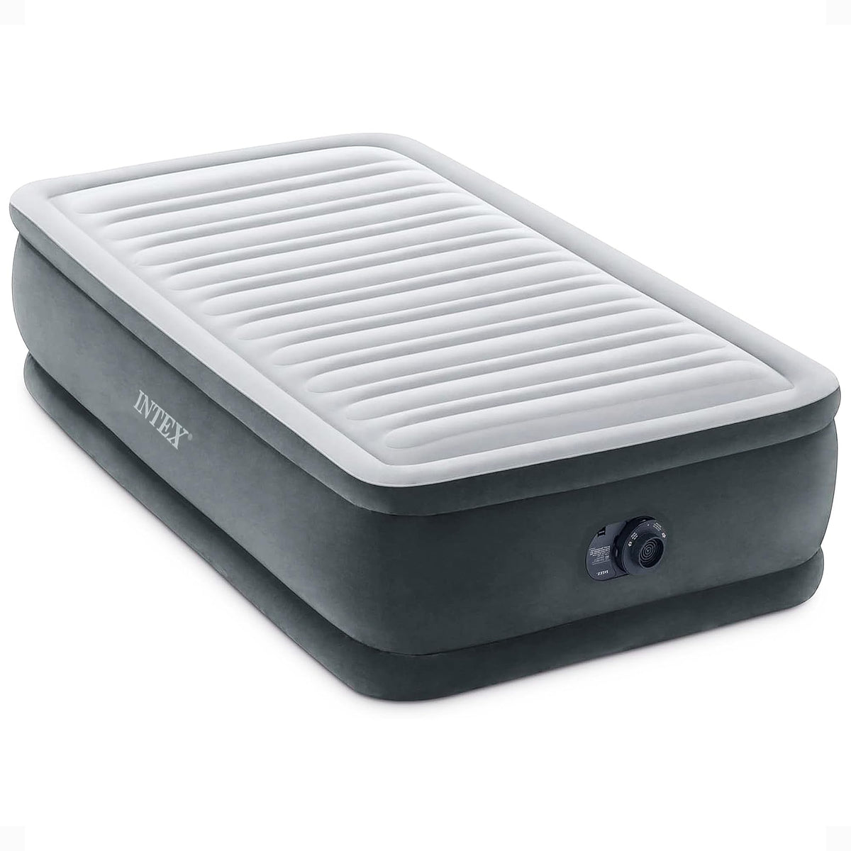 Intex twin-size air mattress with 18-inch height and built-in pump for quick setup.