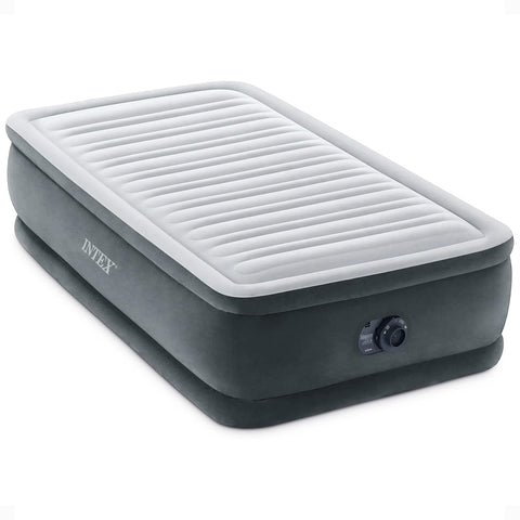 Intex twin-size air mattress with 18-inch height and built-in pump for quick setup.