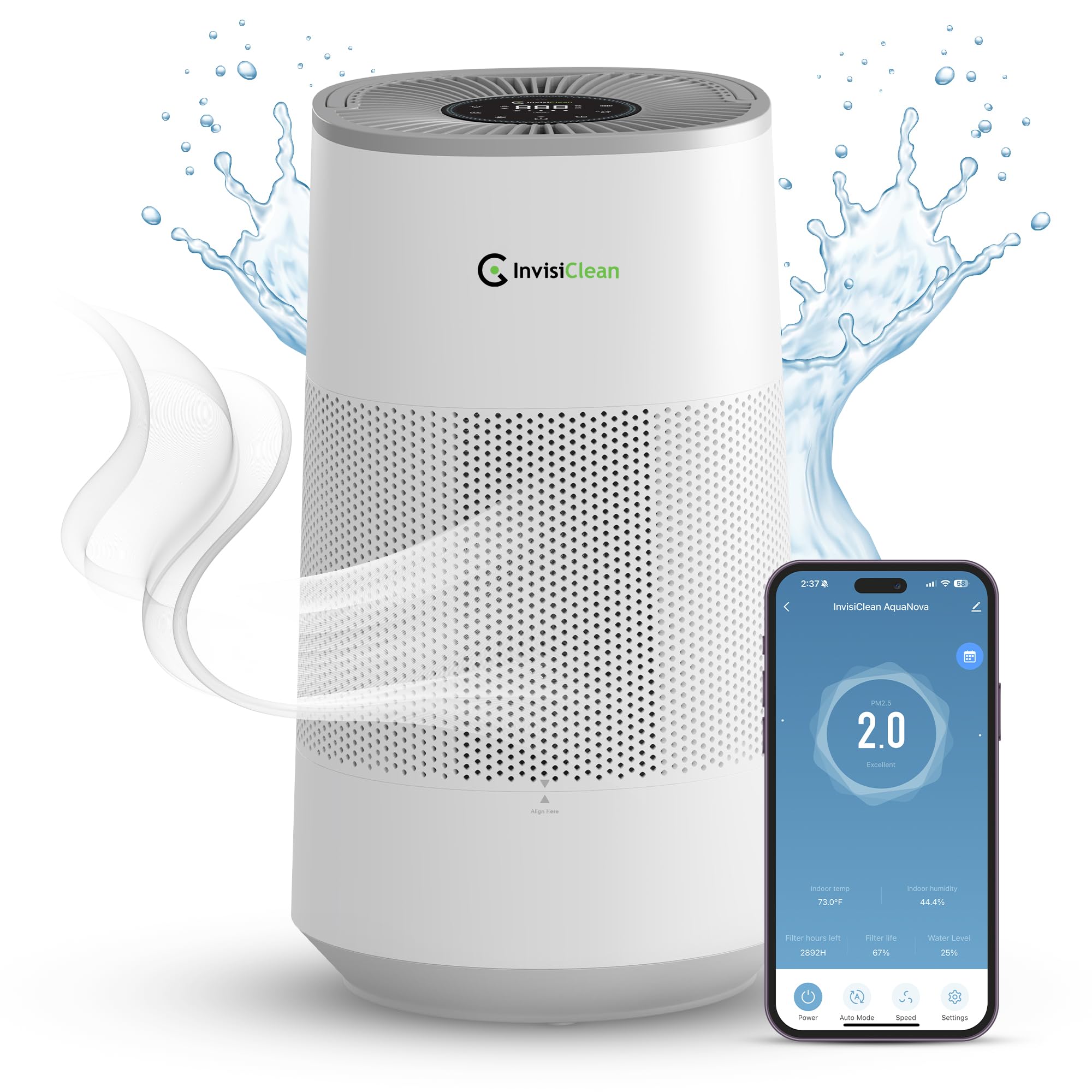 InvisiClean AquaNova front view showing compact 2‑in‑1 purifier and humidifier