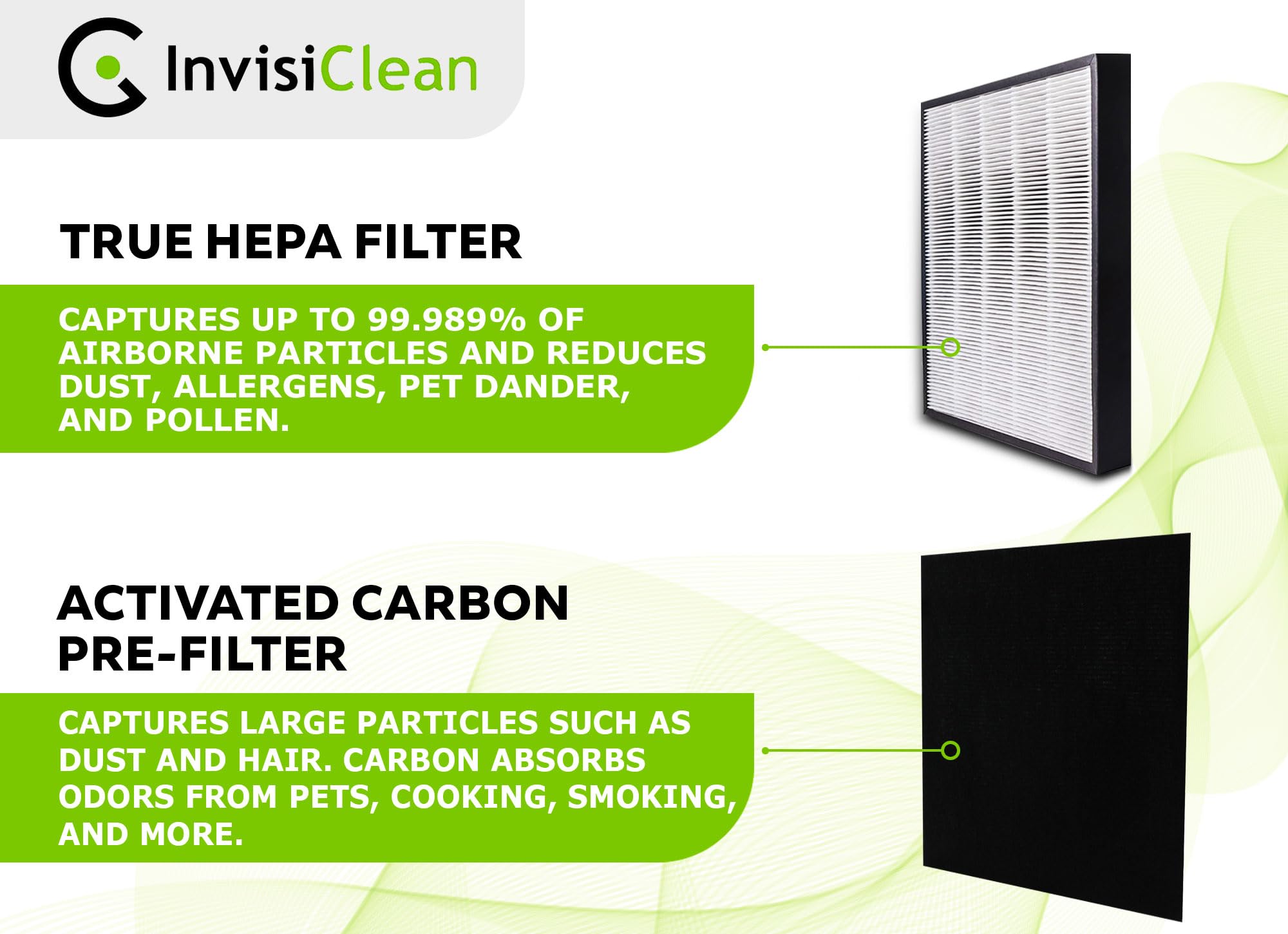 InvisiClean Claro prefilter activated charcoal captures odors for fresher rooms.