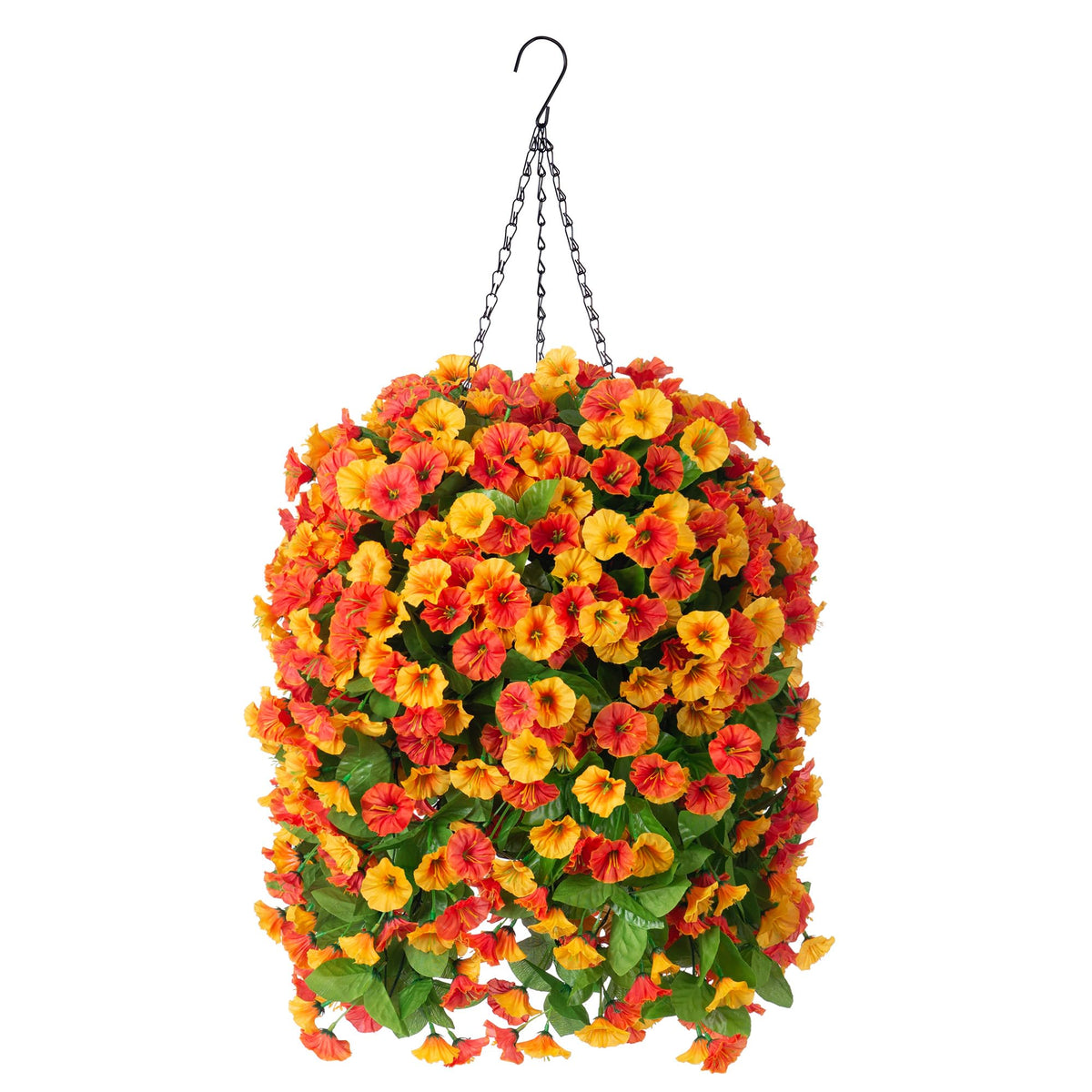 INXUGAO artificial morning glory vines in a hanging basket for low-maintenance outdoor décor.