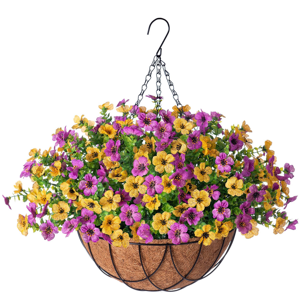 INXUGAO silk daisy hanging basket featuring purple and yellow blooms for year-round color.