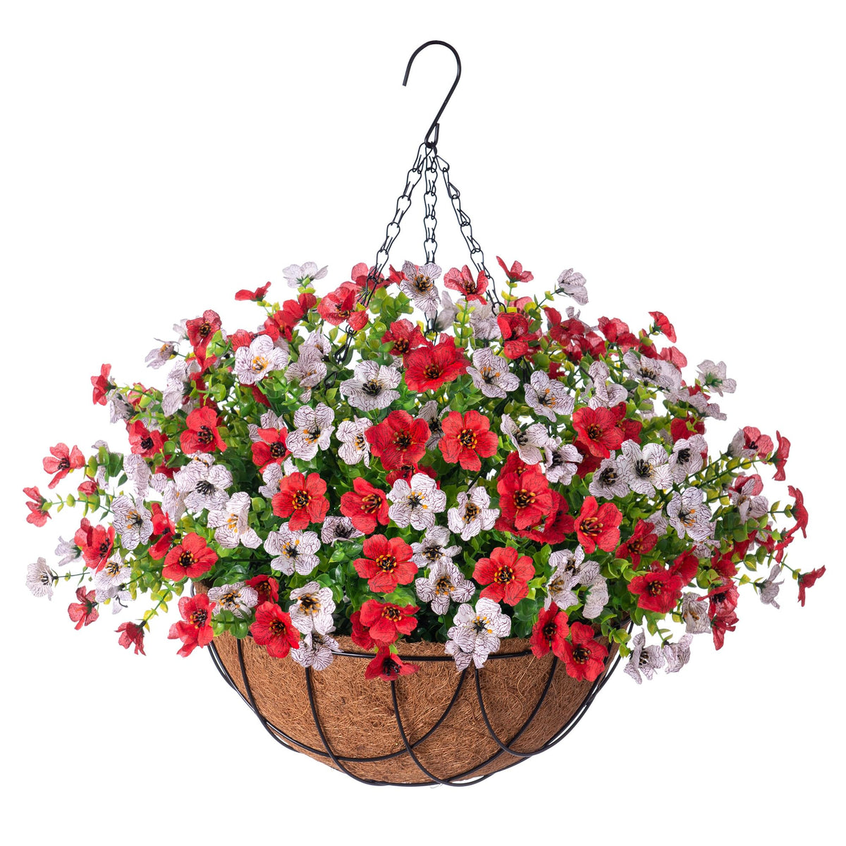 INXUGAO daisy and eucalyptus hanging basket with red and white blooms for indoor or outdoor decor.