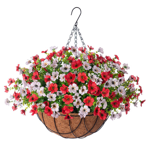 INXUGAO daisy and eucalyptus hanging basket with red and white blooms for indoor or outdoor decor.