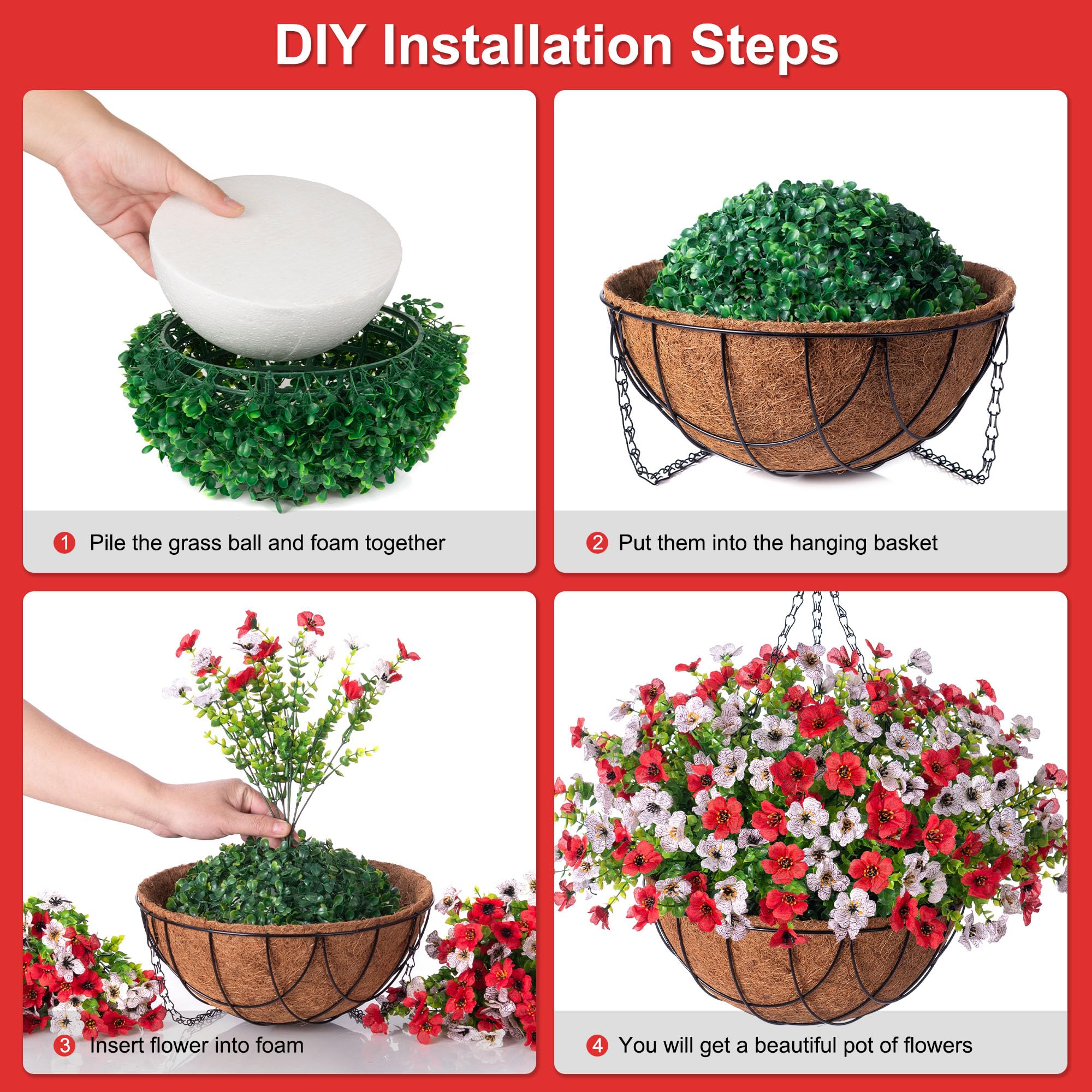 INXUGAO faux greenery in a metal coconut lining basket enhances porch or balcony spaces.