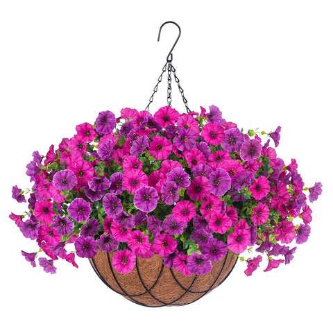 INXUGAO hanging flowers basket closeup showing UV-resistant silk blooms for outdoor decor.
