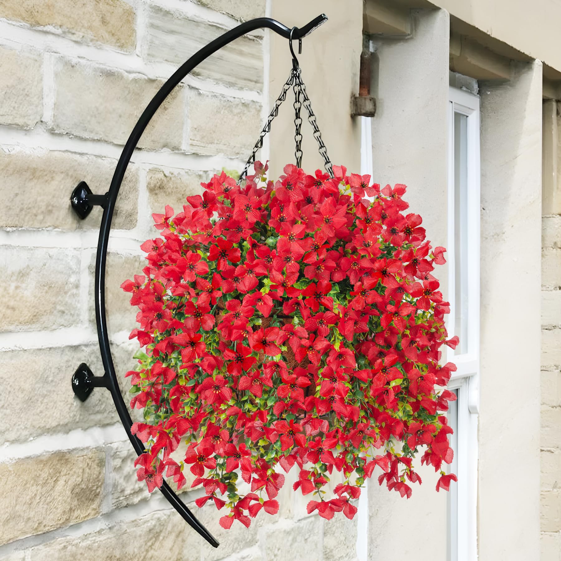 Sturdy metal basket with chain keeps hanging display secure.