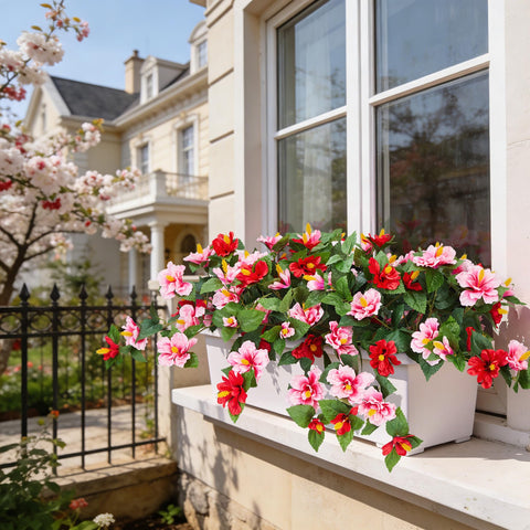 INXUGAO red and pink hibiscus set featuring durable fabric leaves for porch garden.