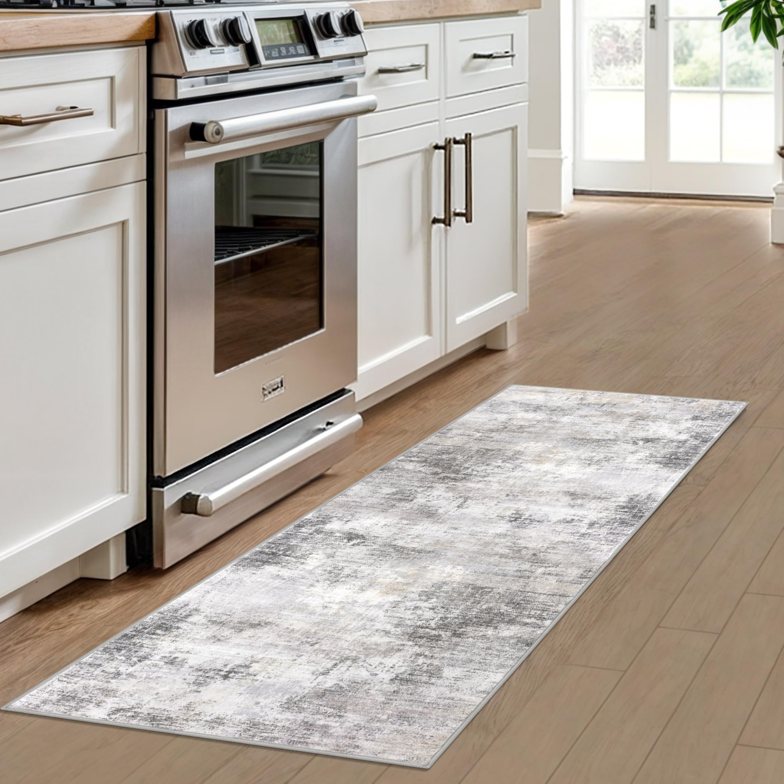 IOHOUZE Abstract Runner 2x6 gray-beige close-up fabric highlights plush, low-maintenance material.