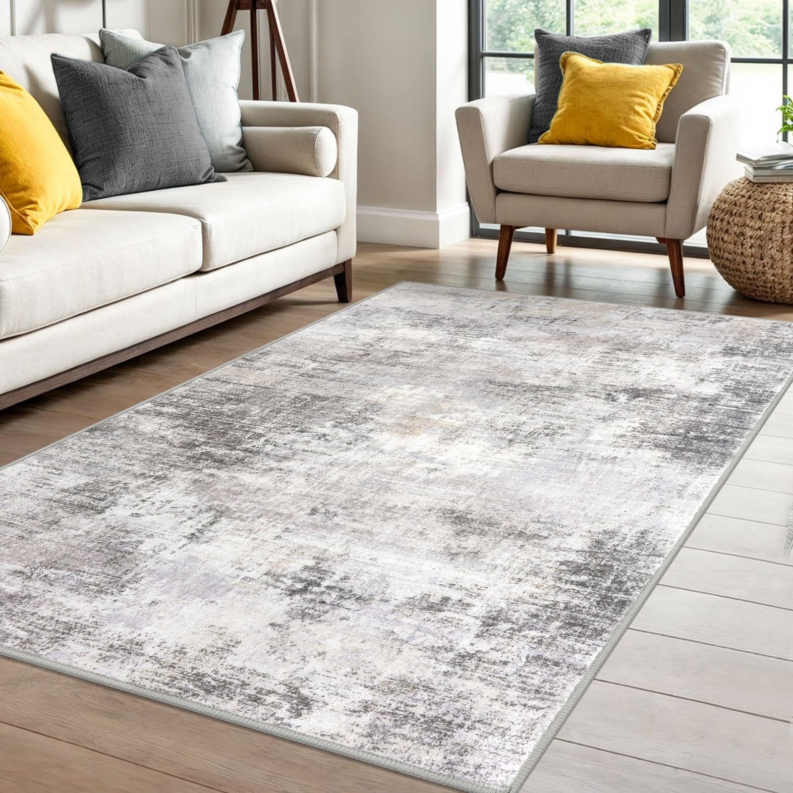 IOHOUZE Abstract Area Rug 4x6 front view shows versatile grey-beige pattern for entryways
