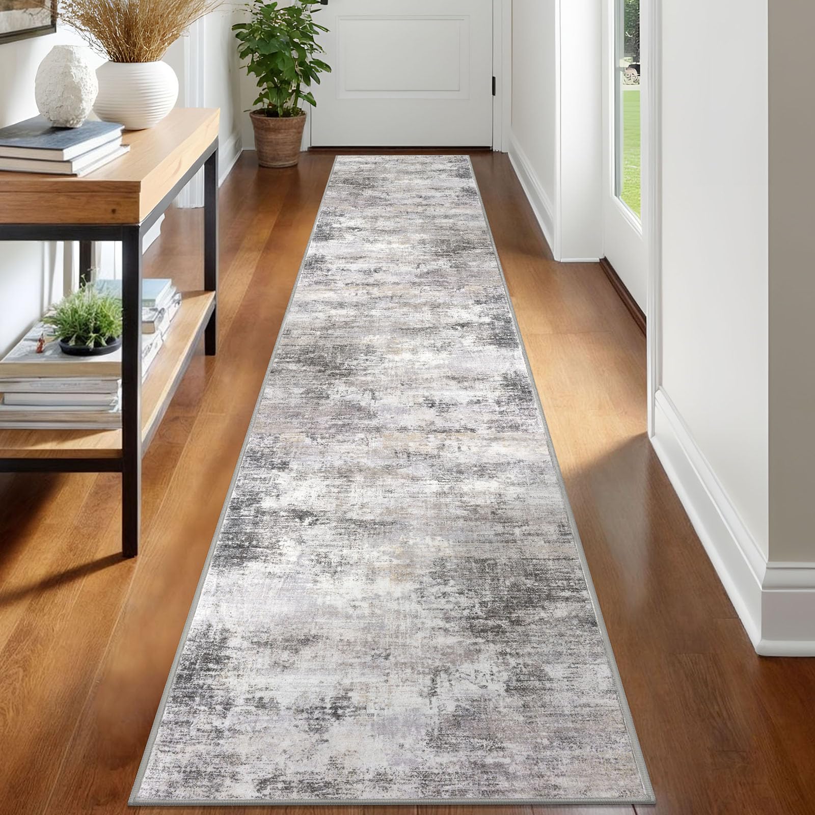 IOHOUZE Abstract Runner Rug in gray-beige for hallways; durable non slip and easy to clean.