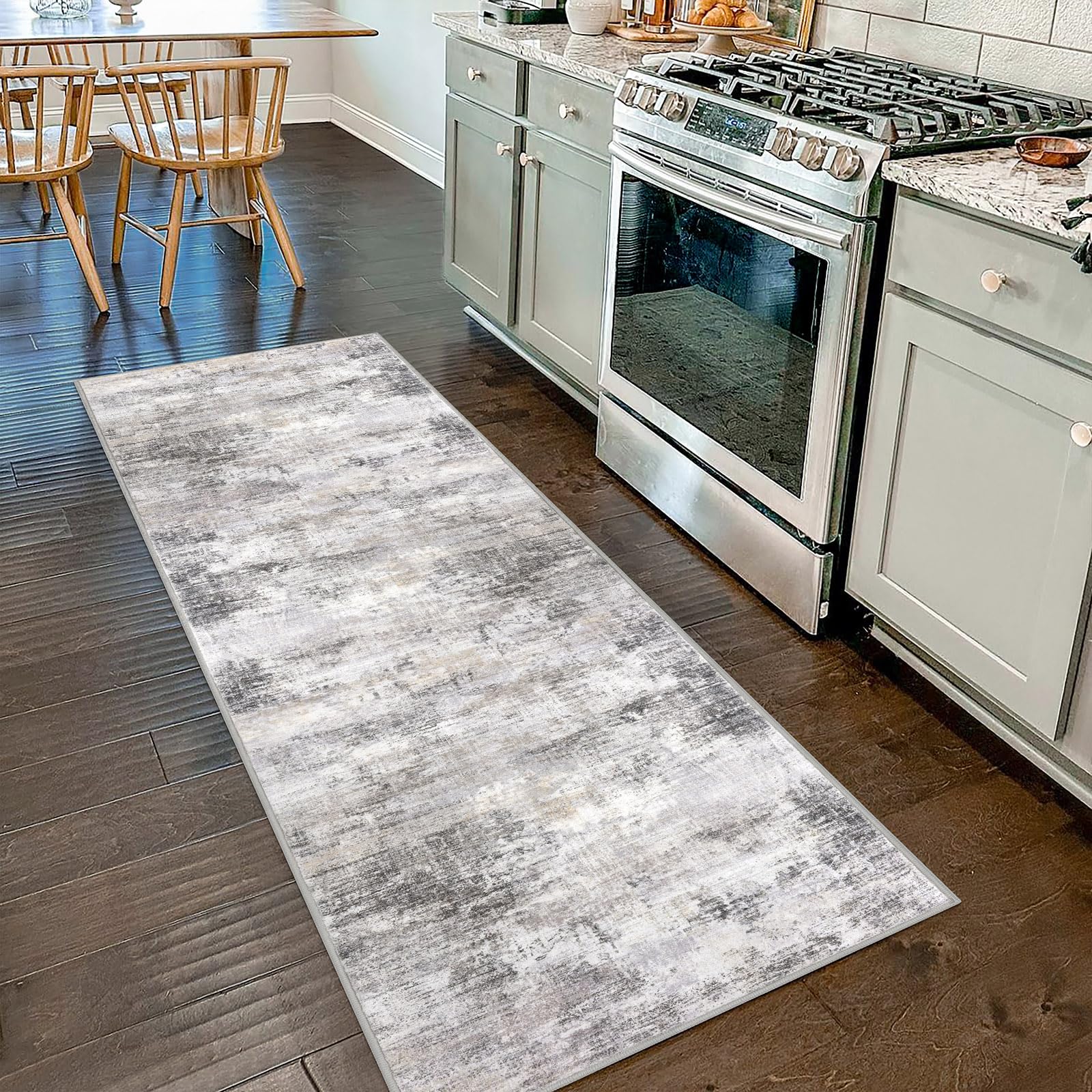 IOHOUZE Abstract Runner Rug front view in grey-beige, ideal for hallways.