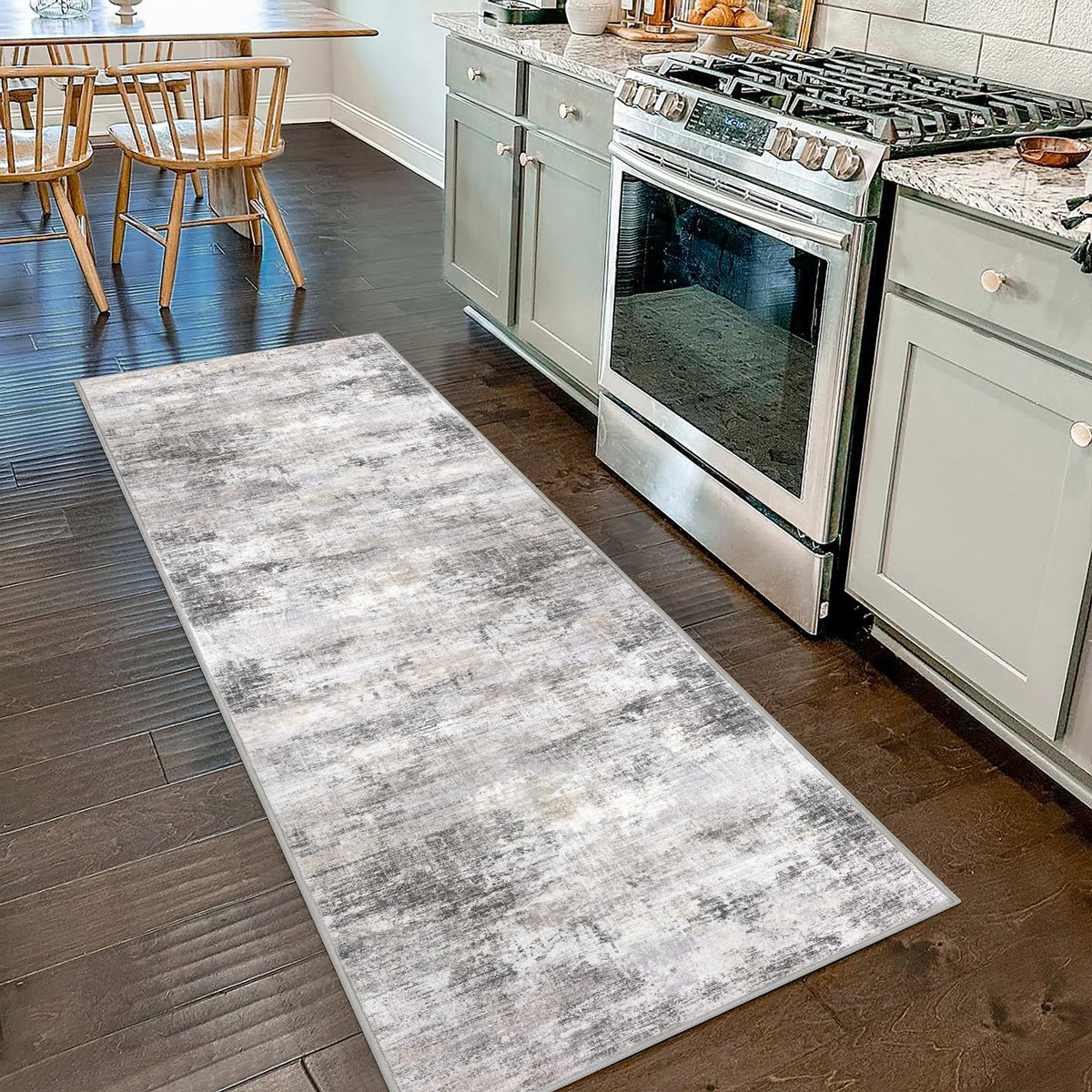 IOHOUZE Abstract Runner Rug front view in grey-beige, ideal for hallways.