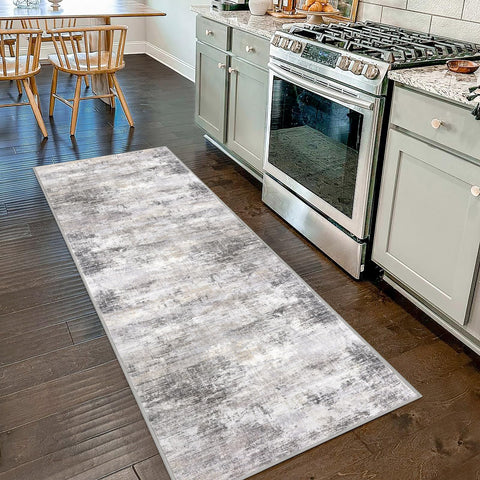 IOHOUZE Abstract Runner Rug front view in grey-beige, ideal for hallways.