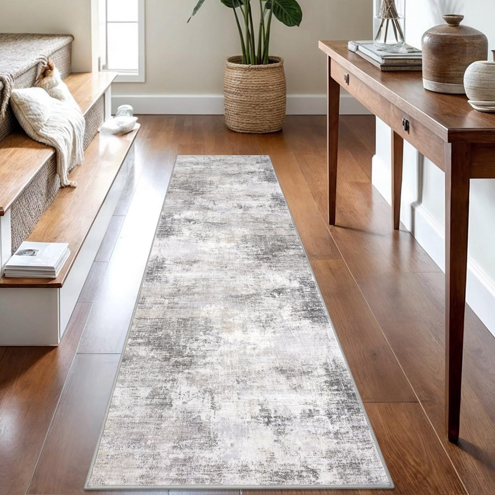 IOHOUZE Abstract Runner Rug in grey-beige for a modern hallway look and high-traffic durability