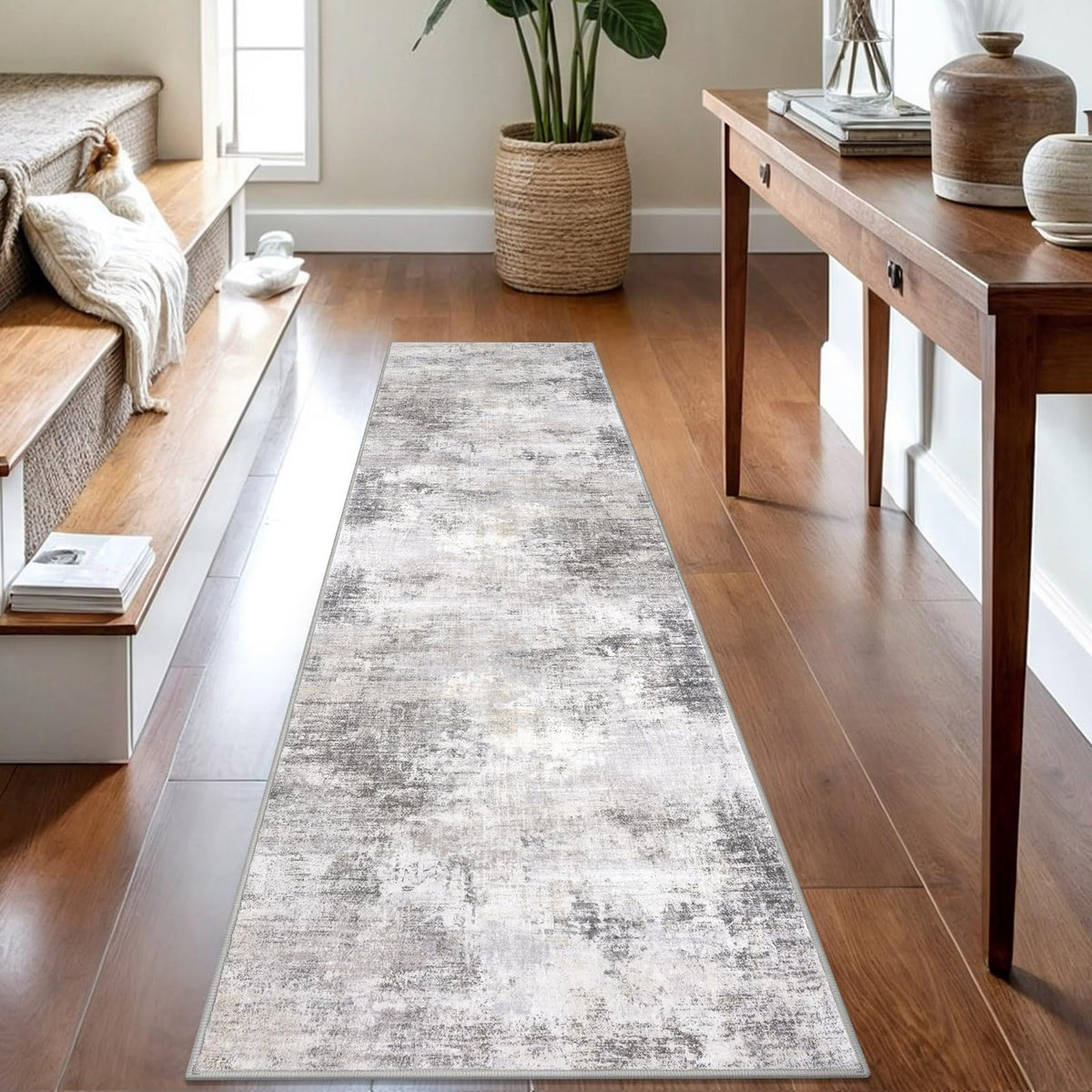IOHOUZE Abstract Runner Rug in grey-beige for a modern hallway look and high-traffic durability