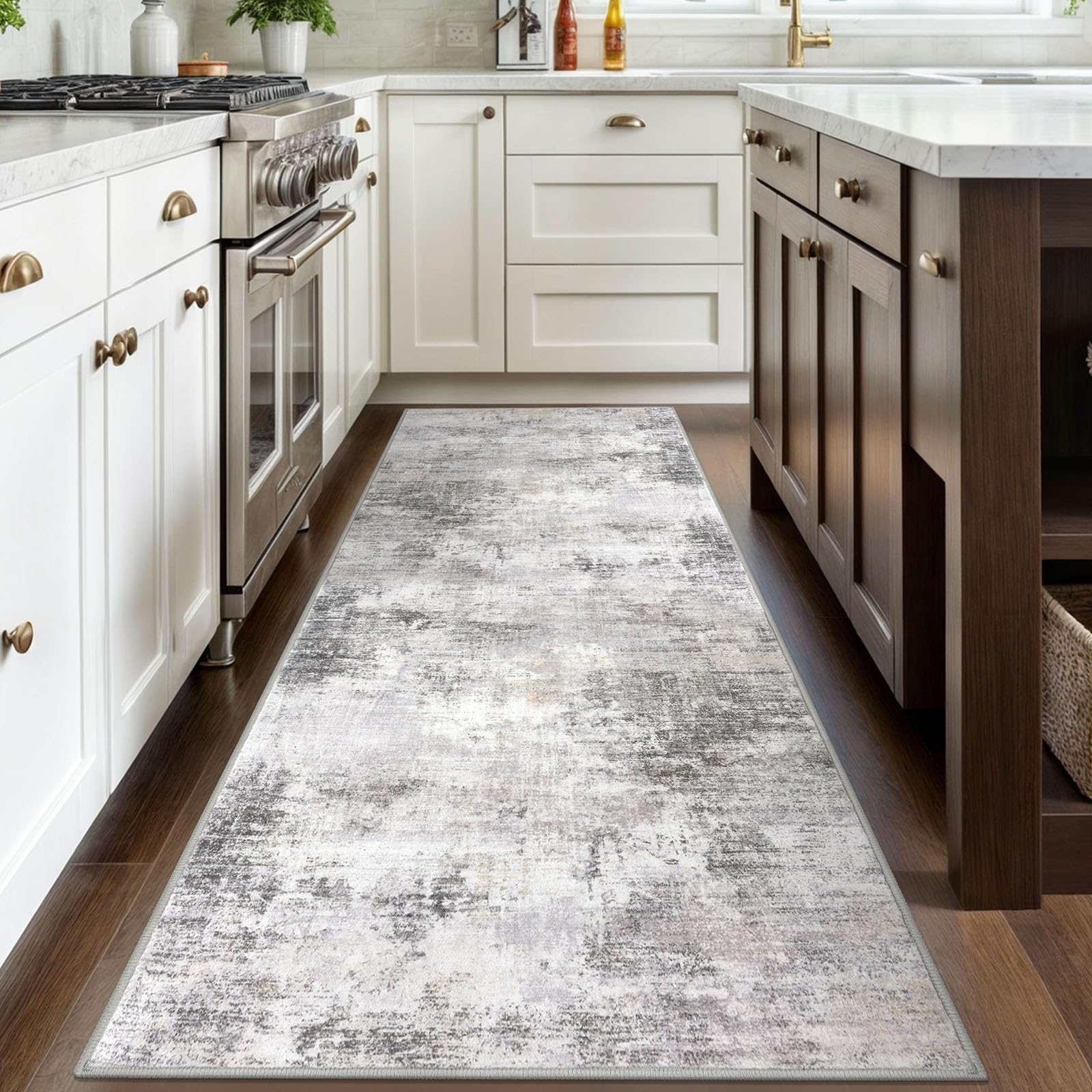 IOHOUZE hallway runner shows modern abstract pattern in neutral grey beige.