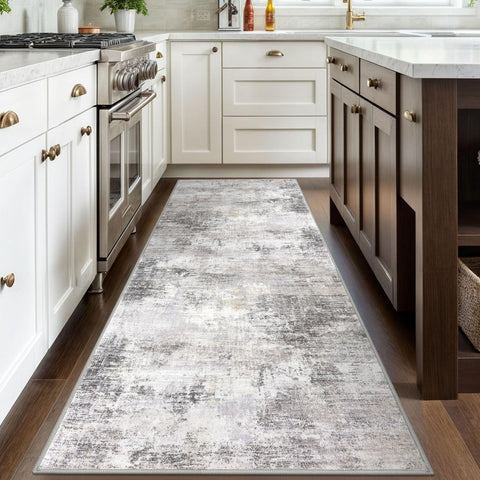 IOHOUZE hallway runner shows modern abstract pattern in neutral grey beige.