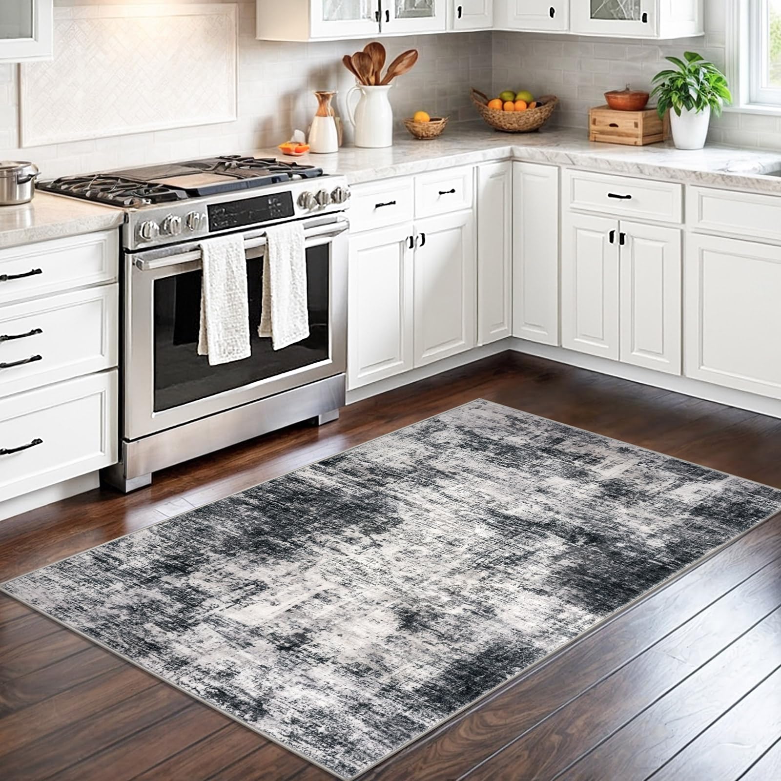 IOHOUZE entryway rug non slip backing keeps it in place in busy hallways.