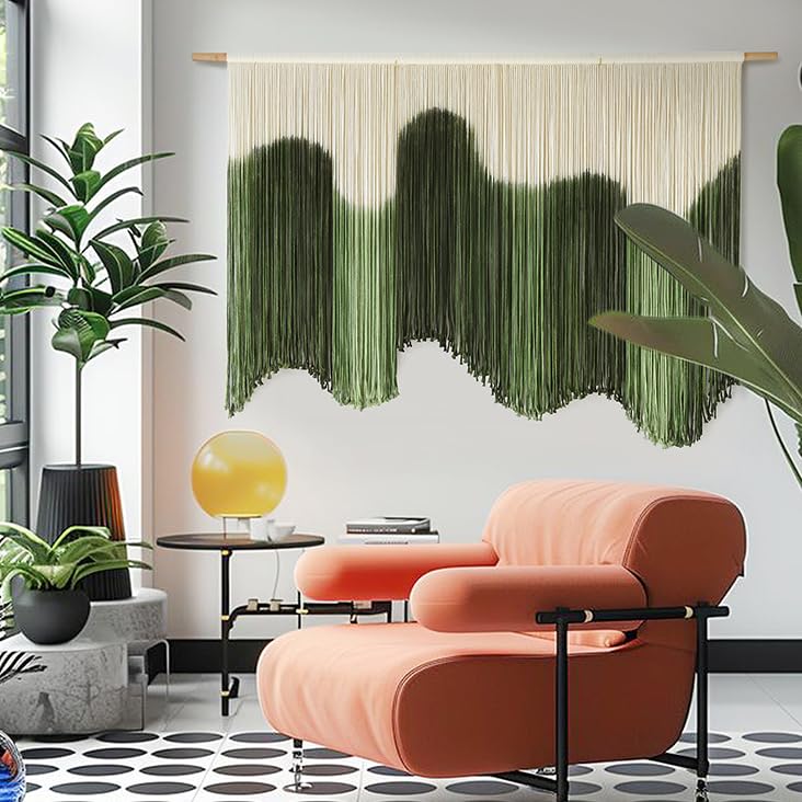 IOWER green-gradient macrame wall art enhances Nordic and minimalist interiors