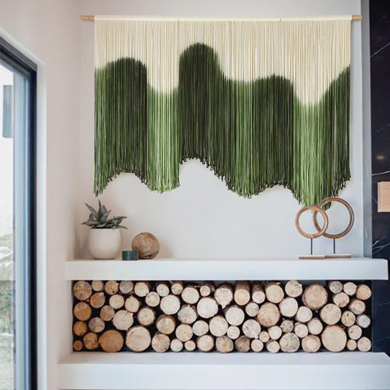 IOWER large macrame wall hanging green gradient adds texture and warmth to the living room wall