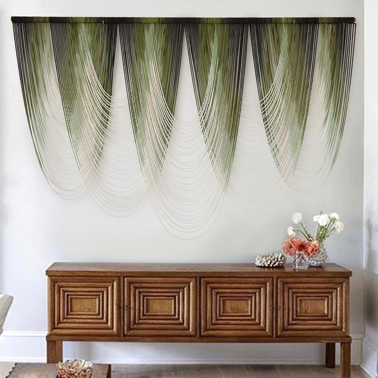 IOWER macrame wall art with green gradient detail for calming ambiance