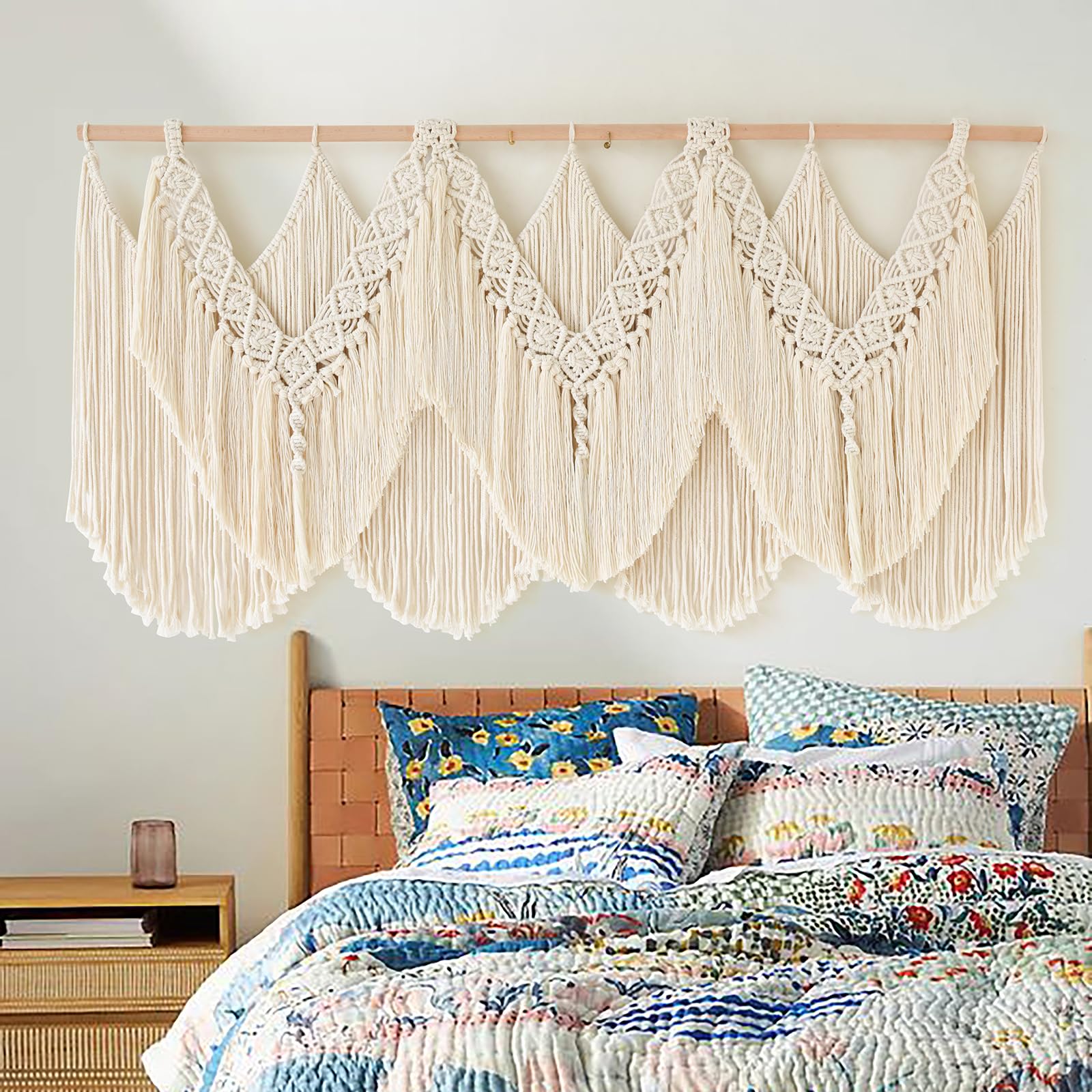 IOWER macrame wall hanging assembly with wooden rods enables easy hanging and adjustability