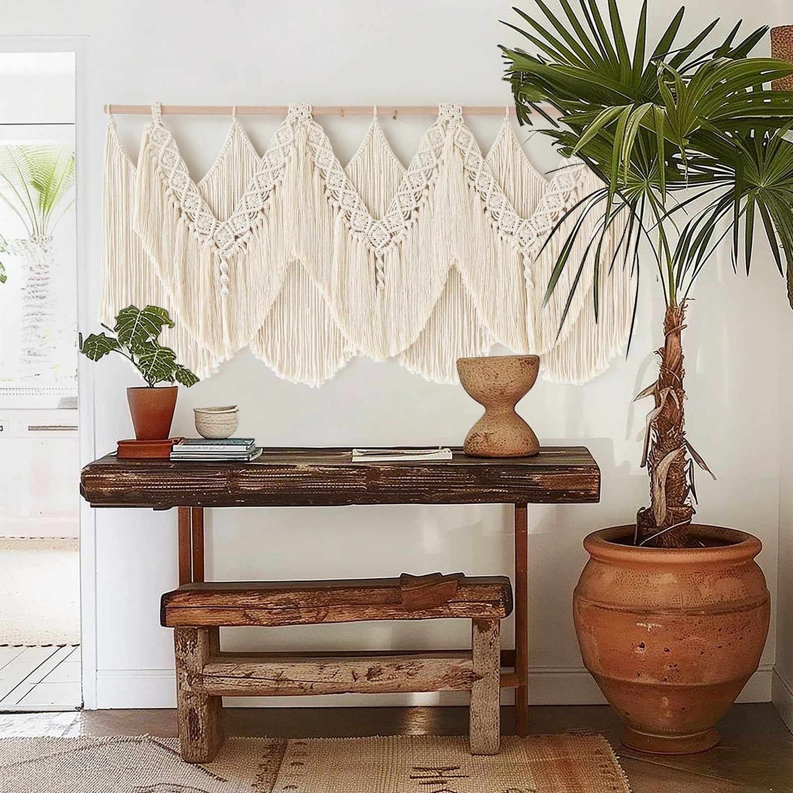 IOWER macrame wall hanging in a bedroom decor setting enhancing cozy ambience