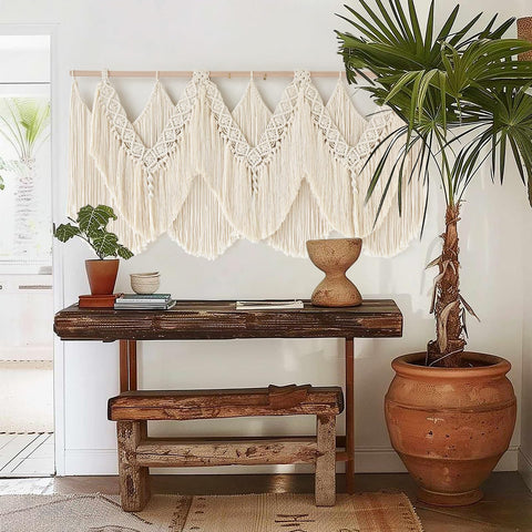 IOWER macrame wall hanging in a bedroom decor setting enhancing cozy ambience
