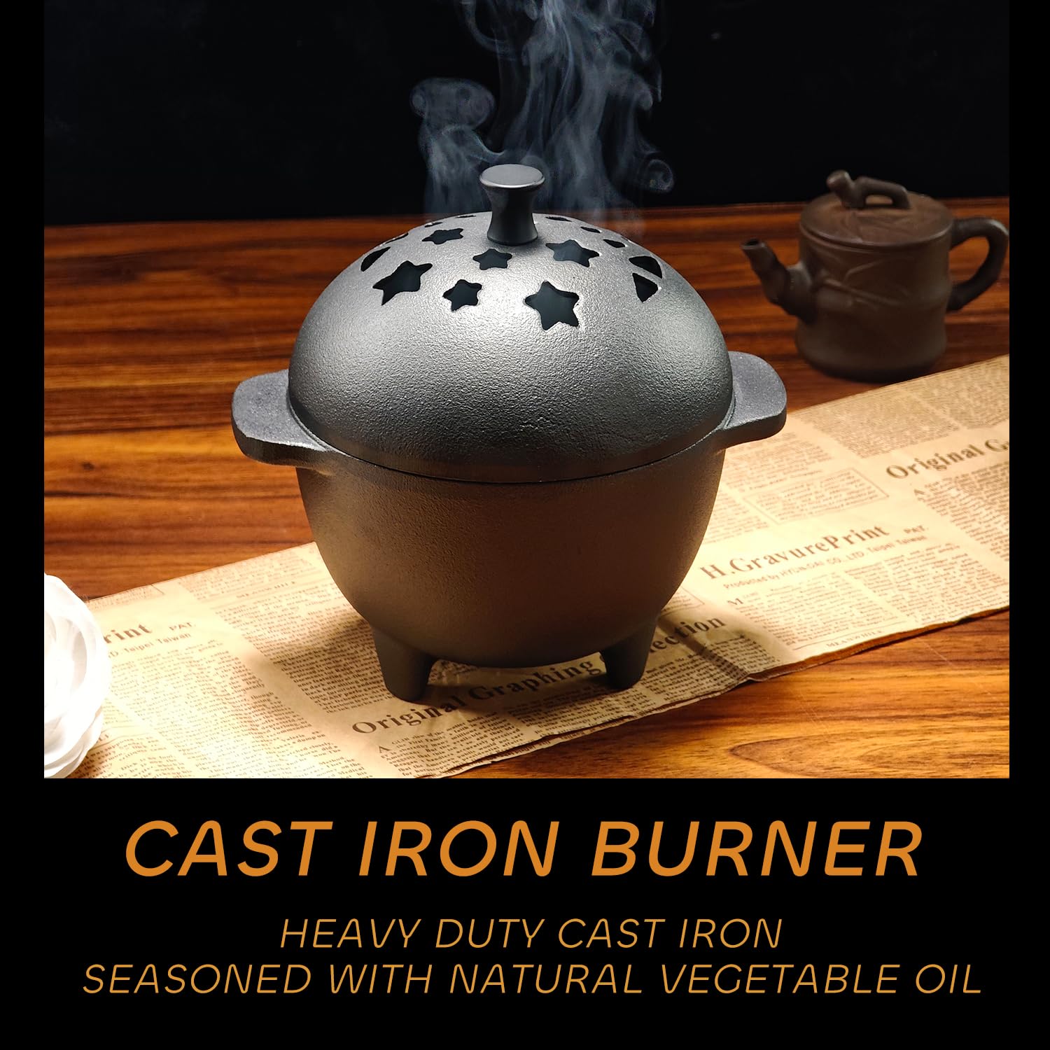IPROUDER cast iron incense burner top view emphasizing balanced placement