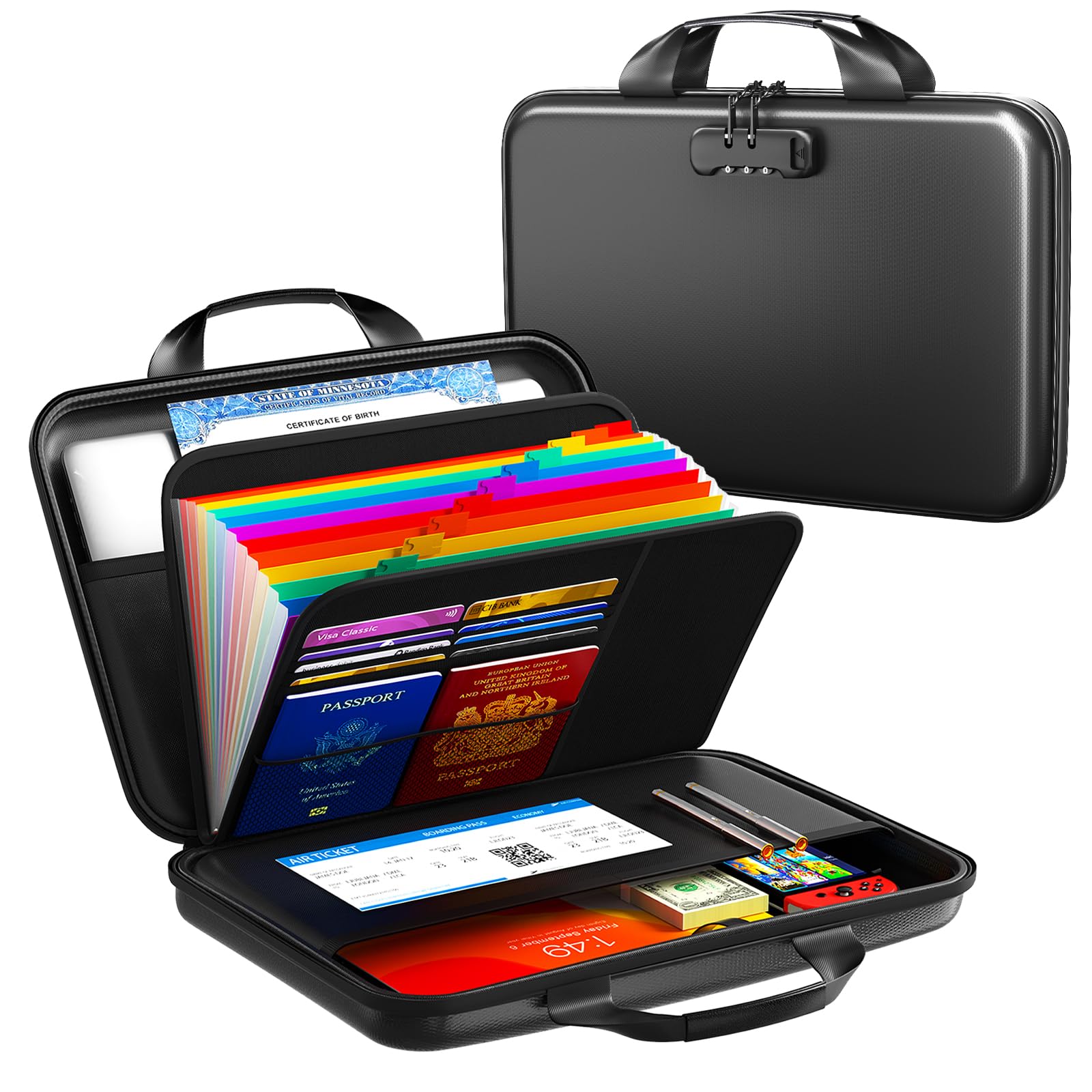 IPYIPY fireproof accordion file organizer with lid open showing 13 document pockets