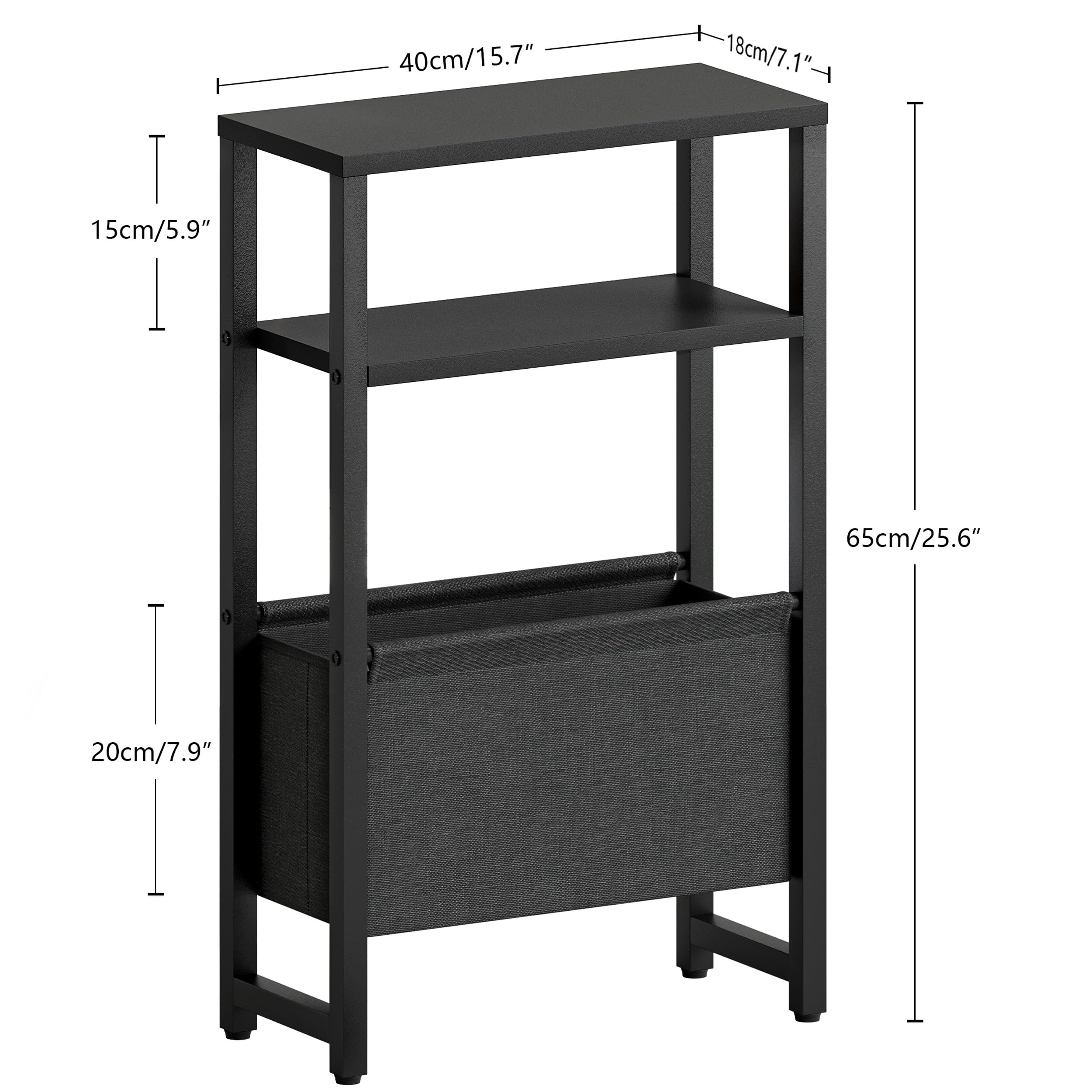 IRCPEN Narrow Side Table three-tier layout reveals open shelves and basket