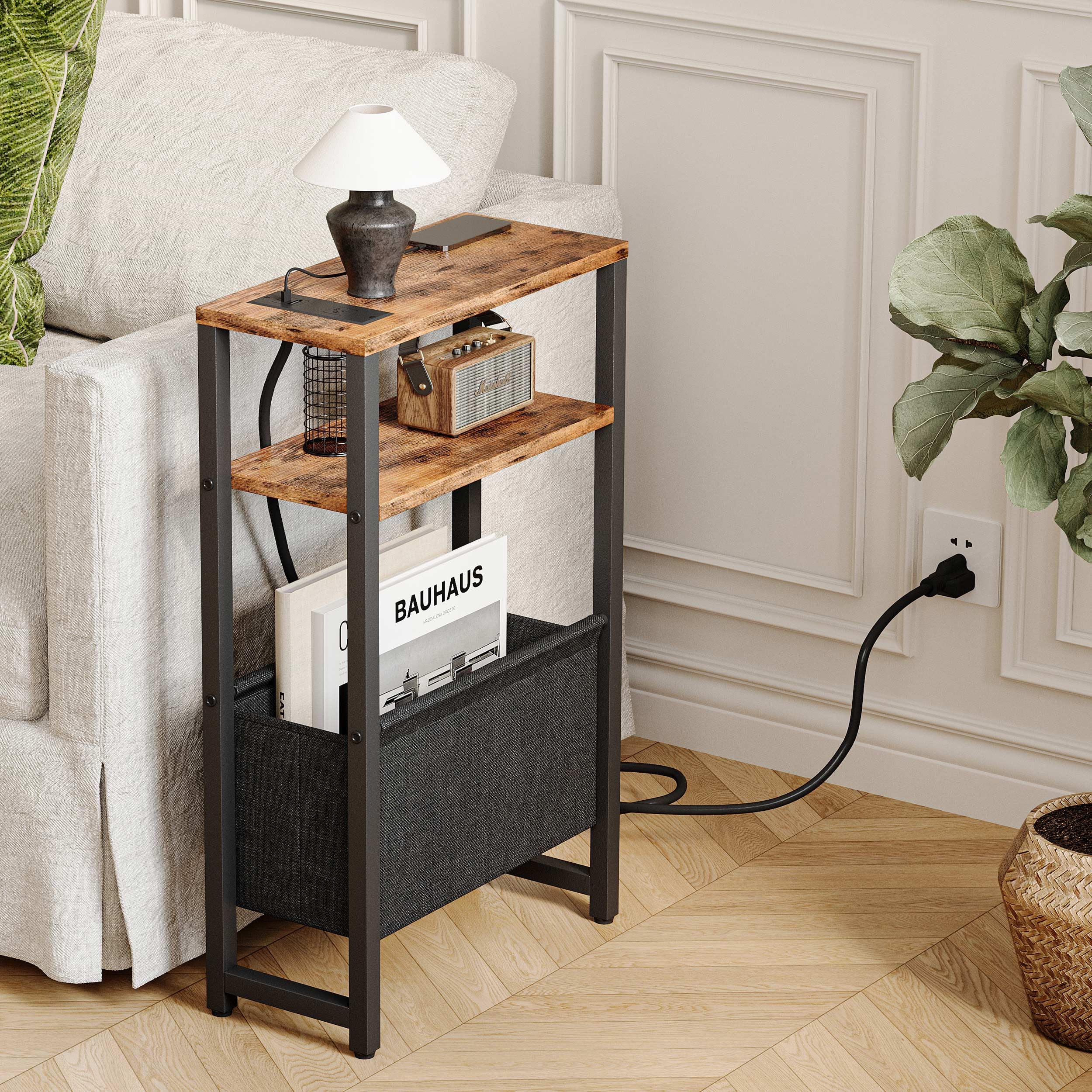 IRCPEN narrow side table with three-tier storage for books and remotes