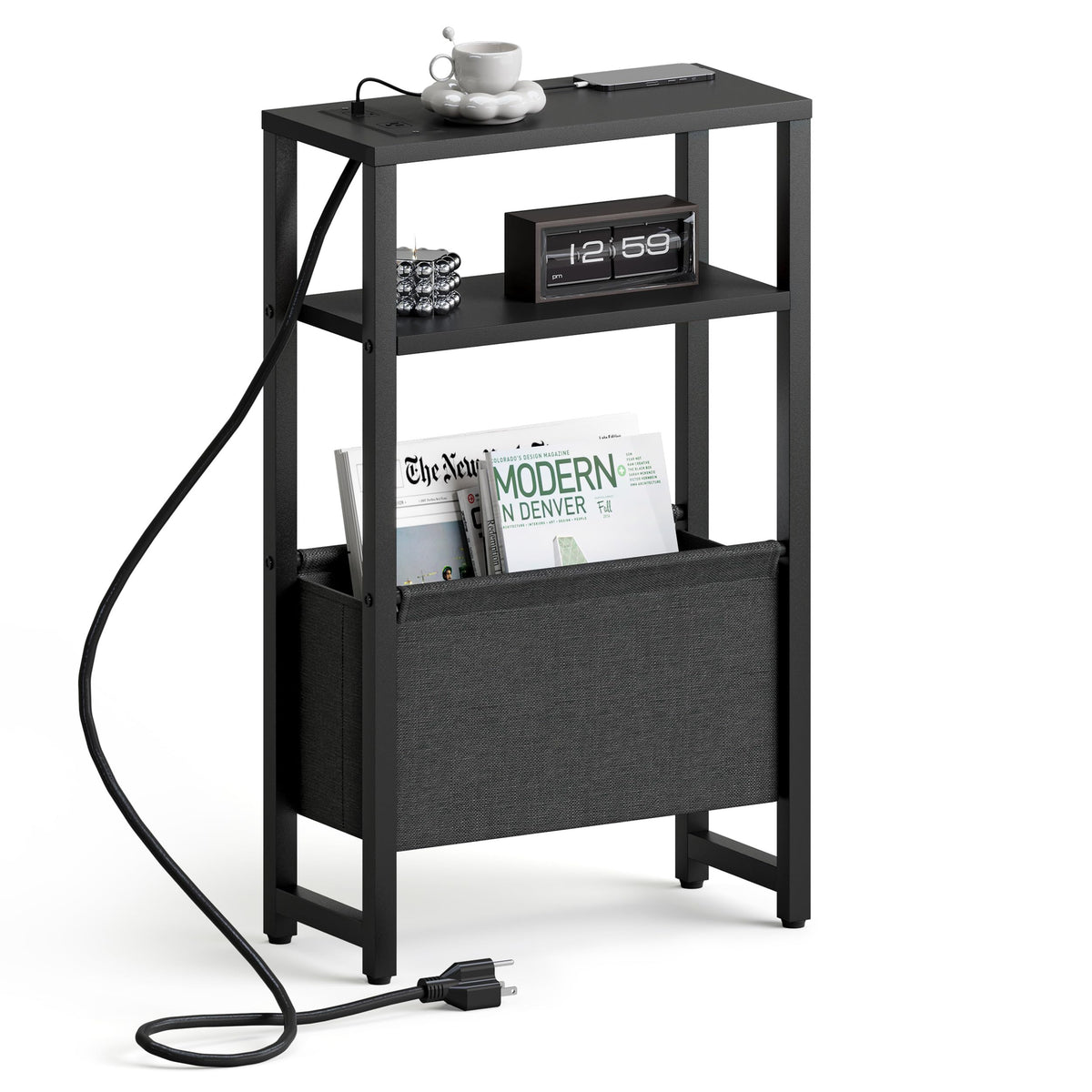 IRCPEN narrow side table with charging station keeps lamp and devices within reach.