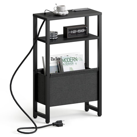 IRCPEN narrow side table with charging station keeps lamp and devices within reach.