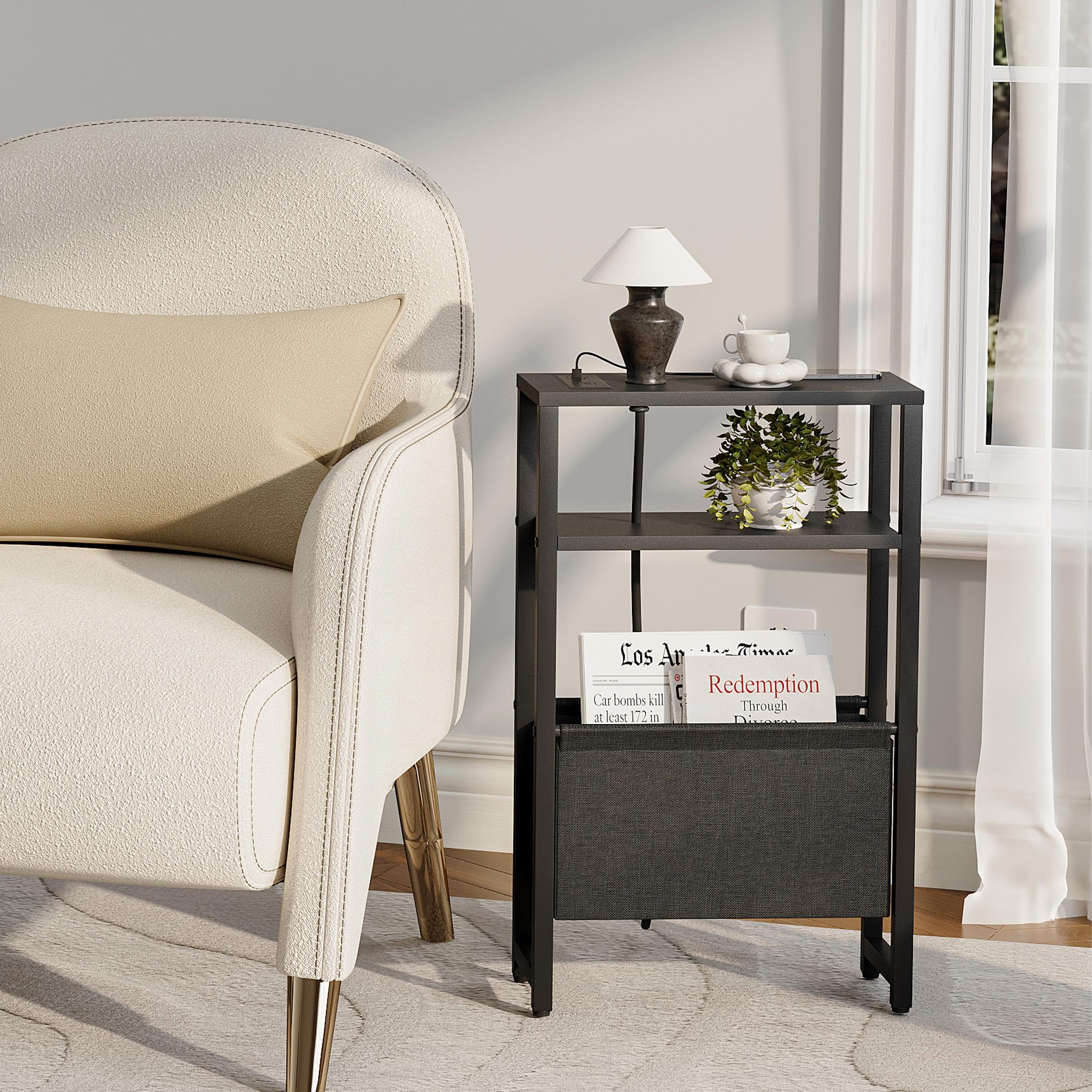 IRCPEN nightstand with shelf and basket keeps clutter away.