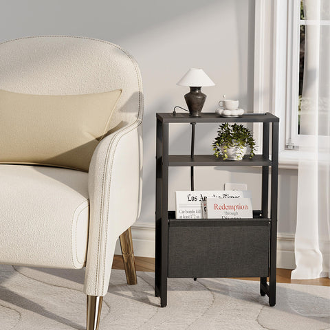 IRCPEN nightstand with shelf and basket keeps clutter away.