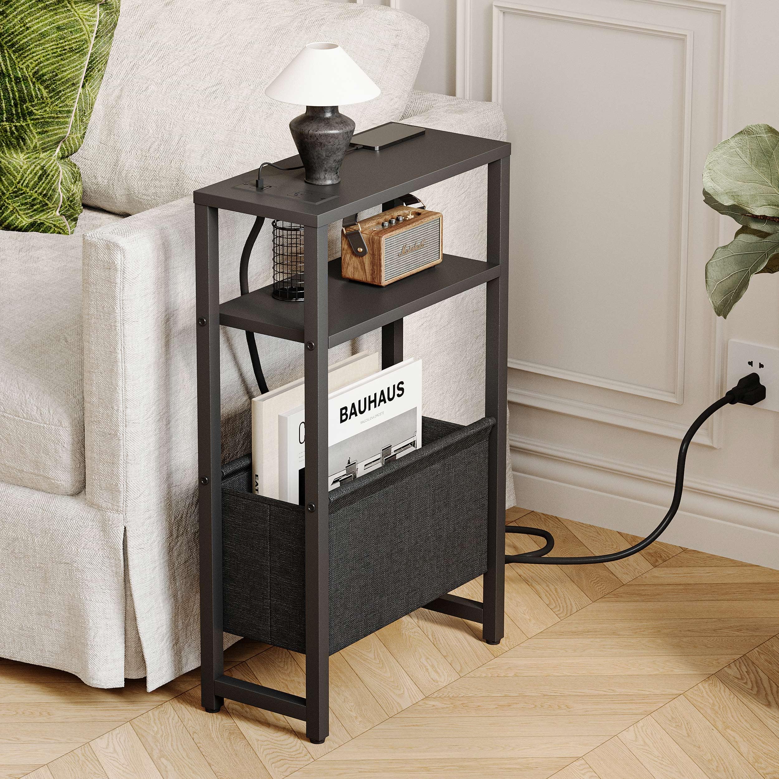 IRCPEN slim end table with magazine rack provides organized bedside storage.