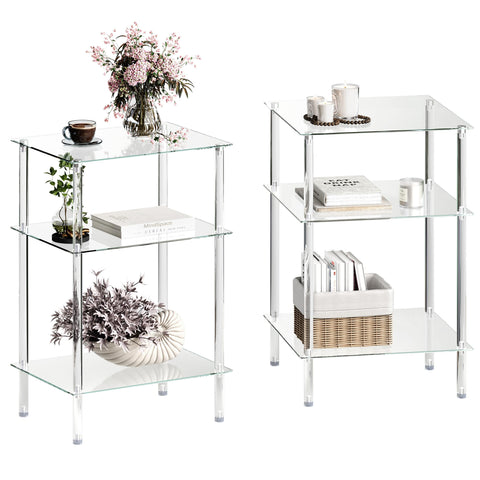 IRCPEN tempered glass side table with three-tier storage in a living room setup