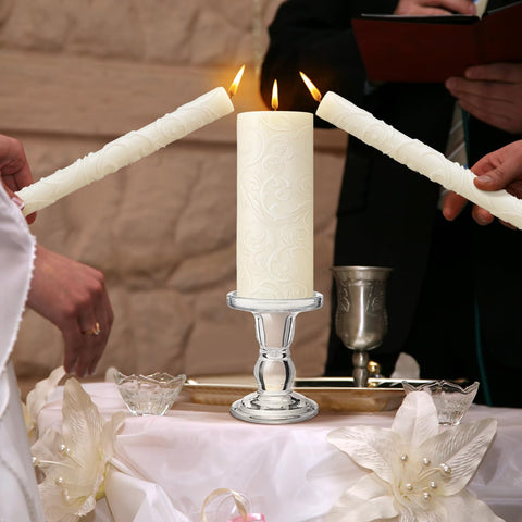 Irenare glass candle holder complements unity candles for table centerpieces.