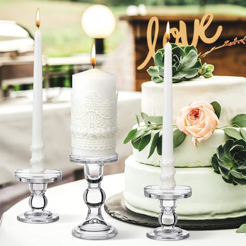 Irenare lace-decorated candles add delicate charm to the ceremony table