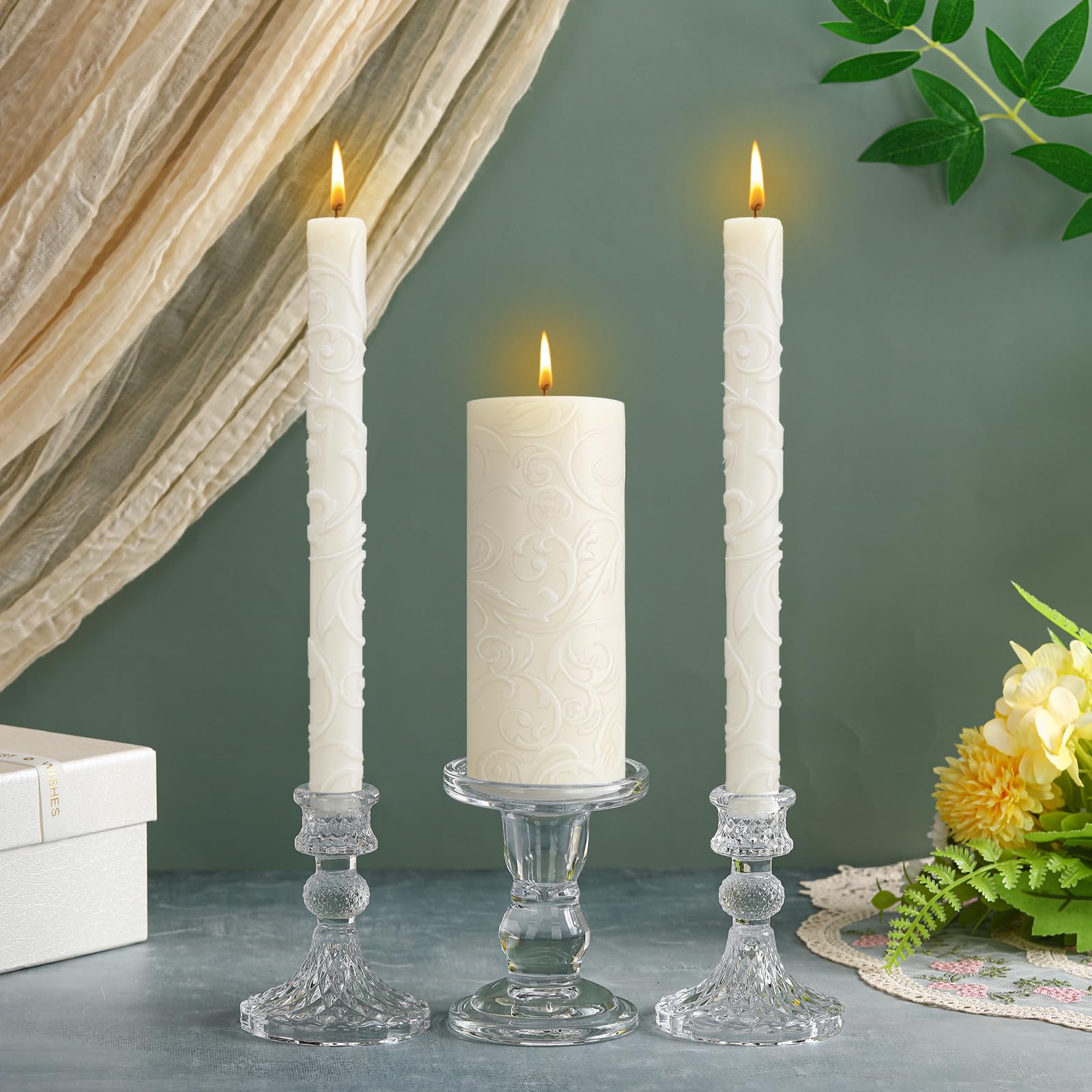 Irenare unity candle set enhances ceremony ambiance in church or home.
