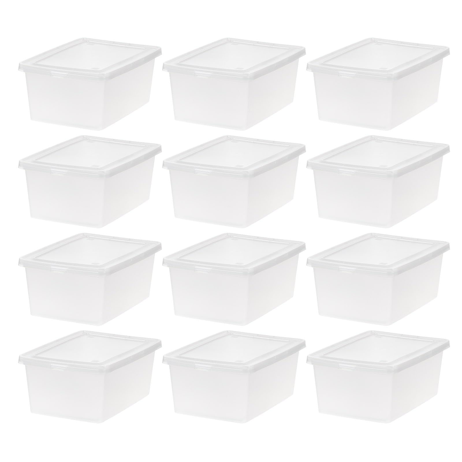 IRIS USA 12-pack clear storage bins with see-through design for quick item checks.