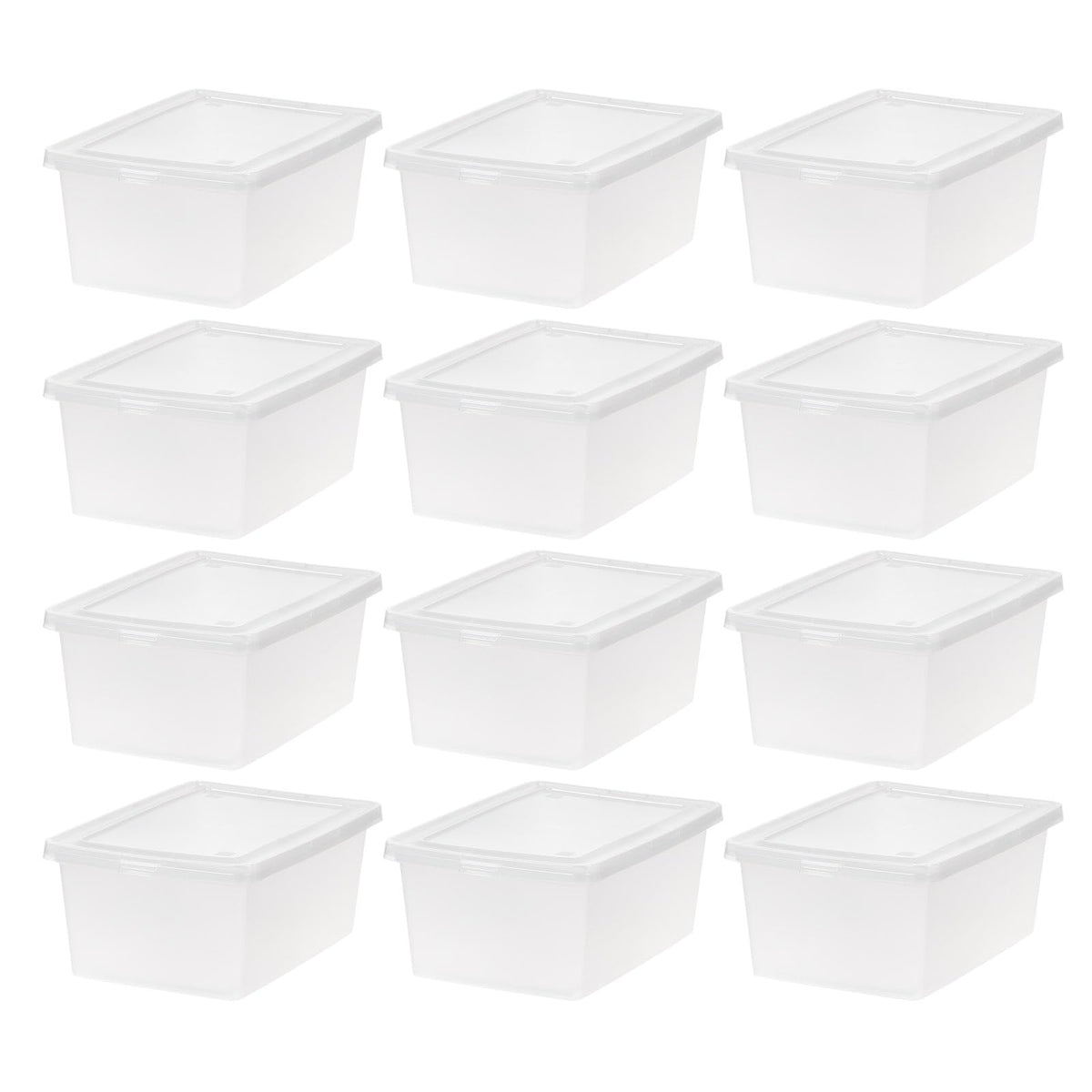 IRIS USA 12-pack clear storage bins with see-through design for quick item checks.