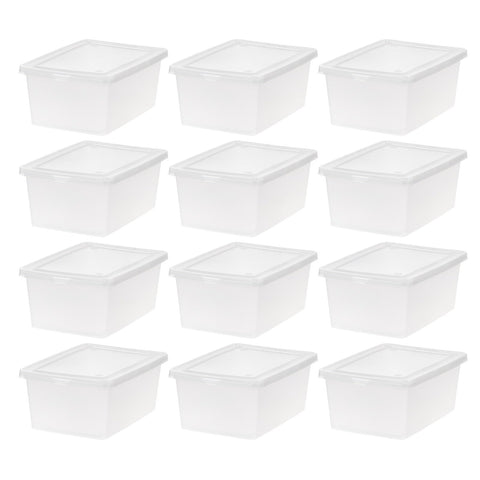 IRIS USA 12-pack clear storage bins with see-through design for quick item checks.